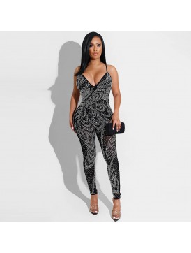 X5280 cross-border summer new products European and American women's y nightclub mesh see-through milk silk suspenders trousers jumpsuit