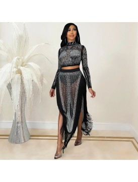 X5372 Amazon Europe and America y Nightclub Drilling Mesh Perspective Long Sleeve Split Dress Two Piece