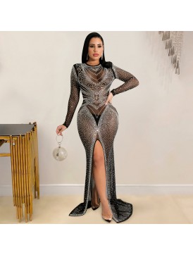 X5595 European and American fashion nightclub drill women's clothing mesh perspective long-sleeved slit dress women's