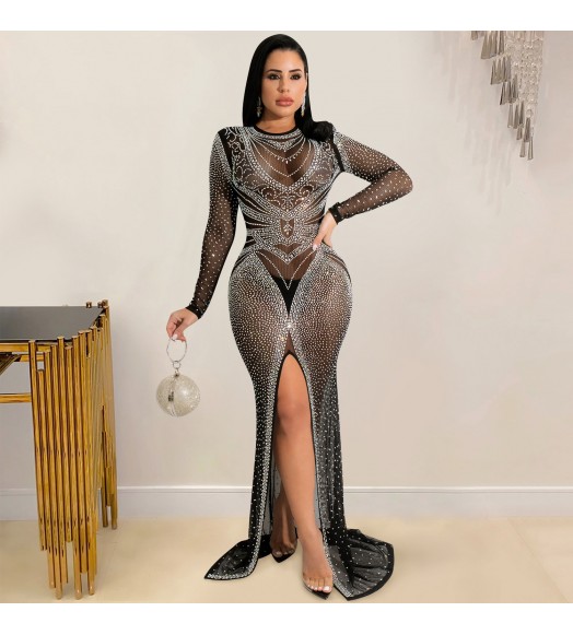 X5595 European and American fashion nightclub drill women's clothing mesh perspective long-sleeved slit dress women's